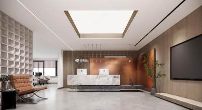 现代公司大堂 办公室前台 背景墙 办公大堂 绿植